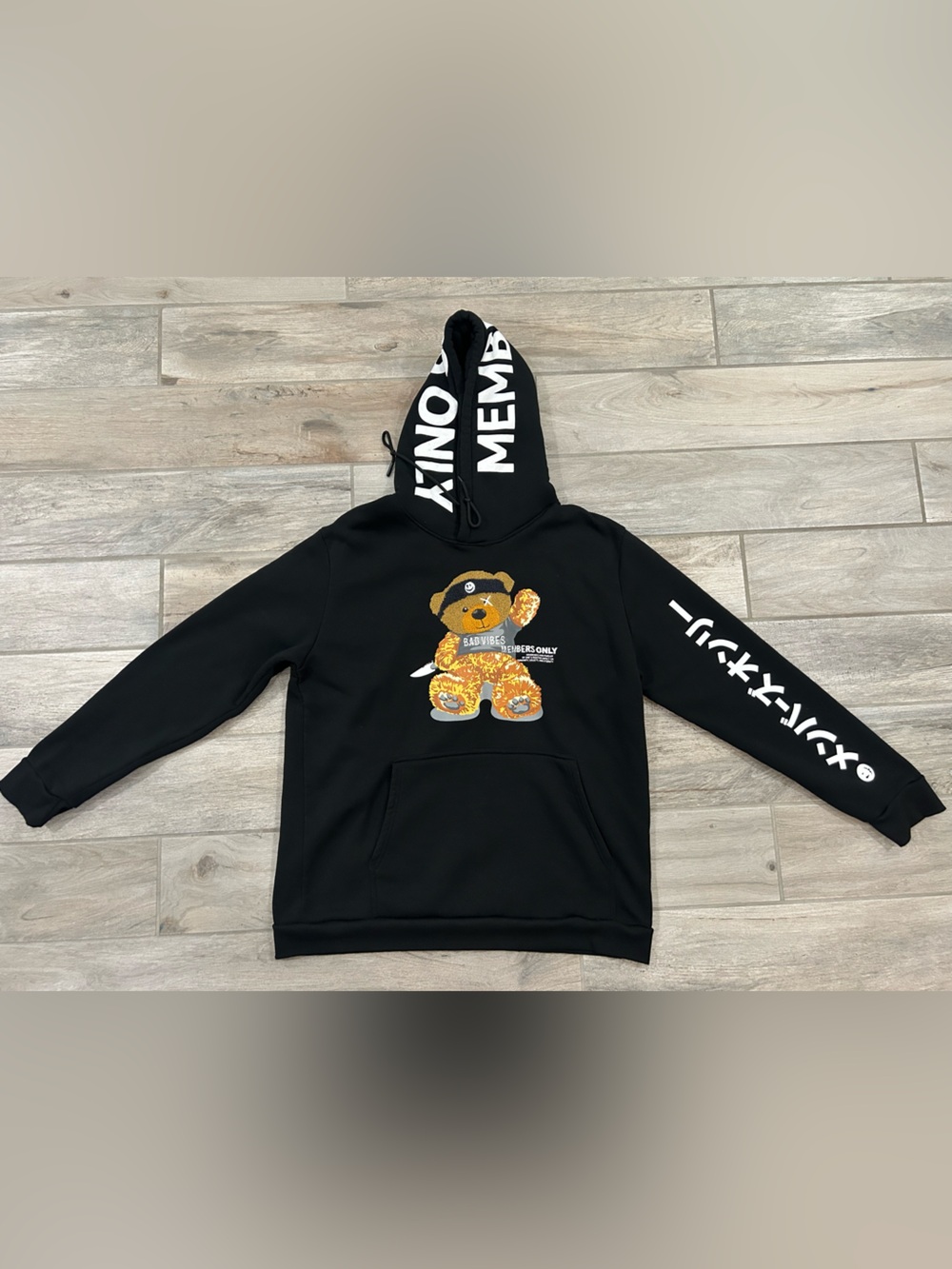 Members Only Bad Vibes Black Hoodie with Teddy Bear